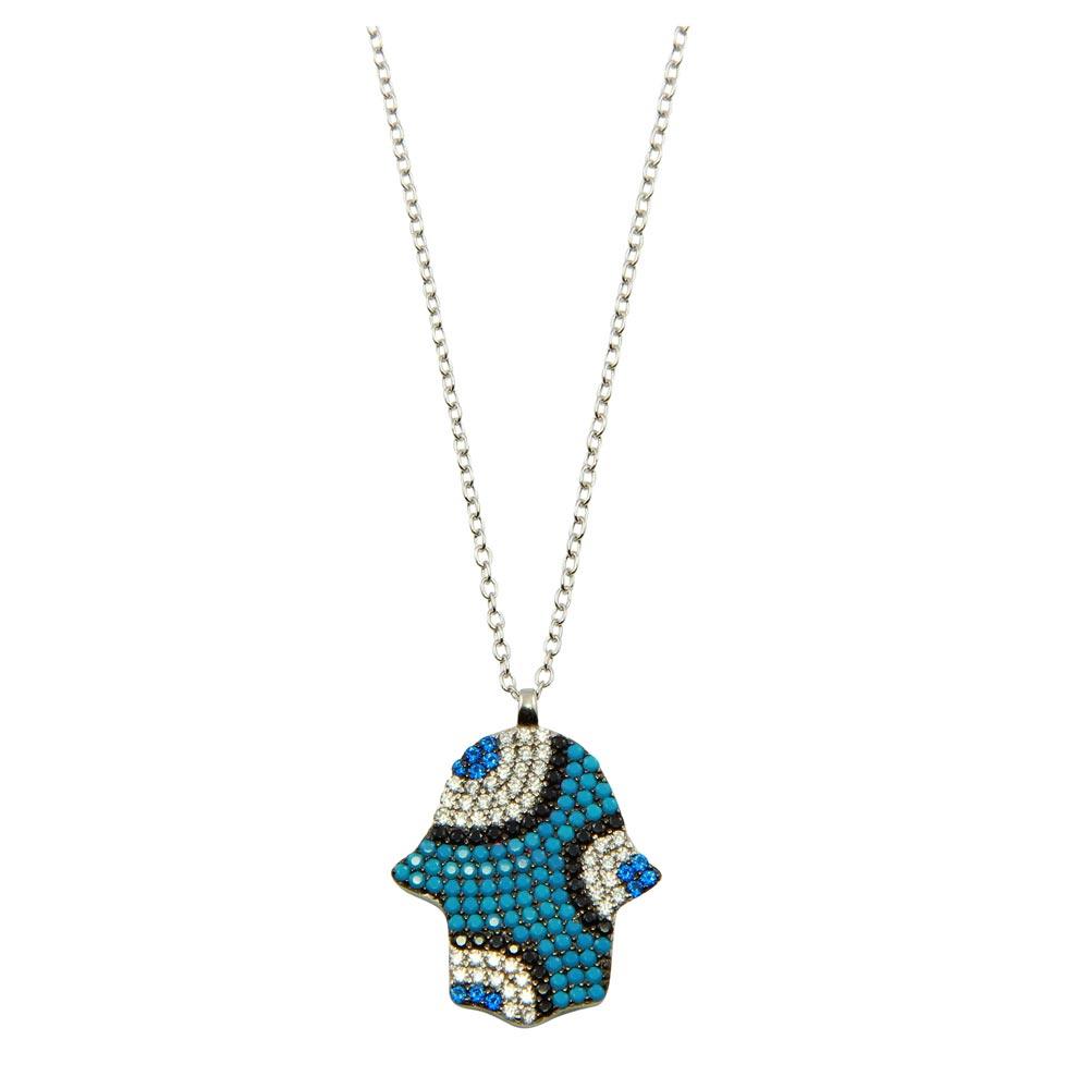 Silver 925 Rhodium Plated Blue Hamsa with CZ - STP01612 | Silver Palace Inc.