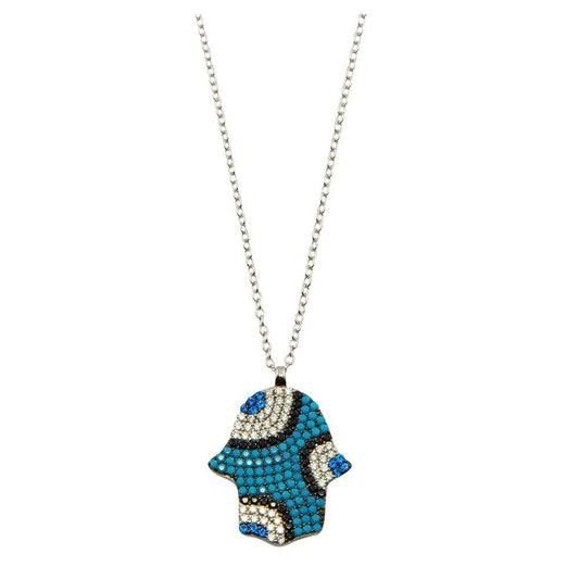 Silver 925 Rhodium Plated Blue Hamsa with CZ - STP01612 | Silver Palace Inc.