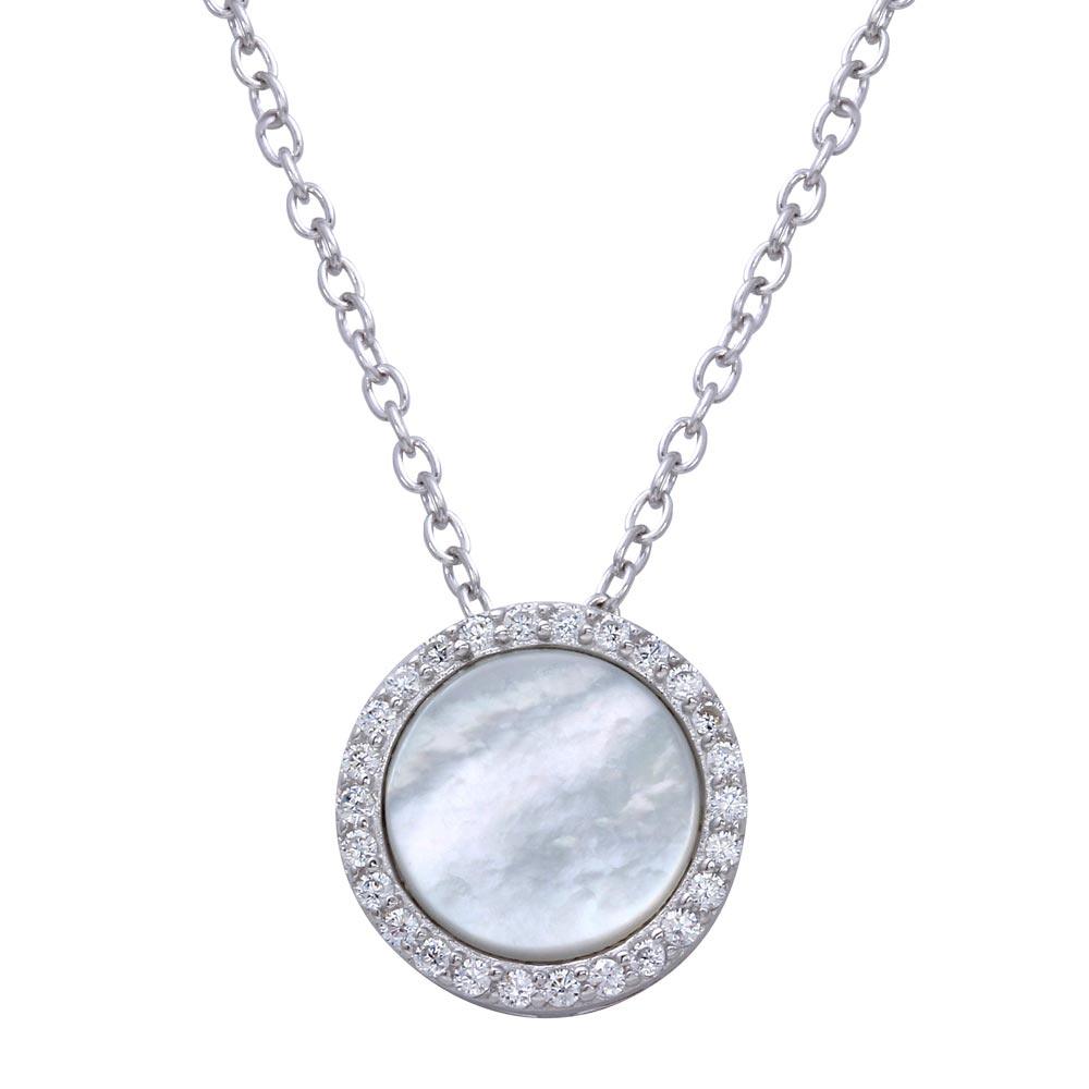 Silver 925 Rhodium Plated Round Opal Pendant Necklace with CZ - STP01649CLR | Silver Palace Inc.