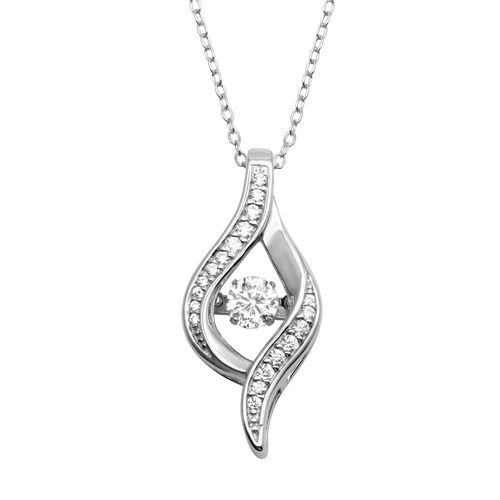 Silver 925 Rhodium Wave Design Necklace with Dancing Center CZ - STP01688 | Silver Palace Inc.