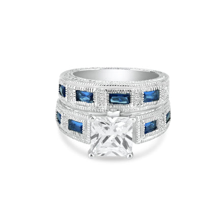 Silver 925 Rhodium Plated Blue Baguette and Clear CZ Ornate Ring - STR00482 | Silver Palace Inc.