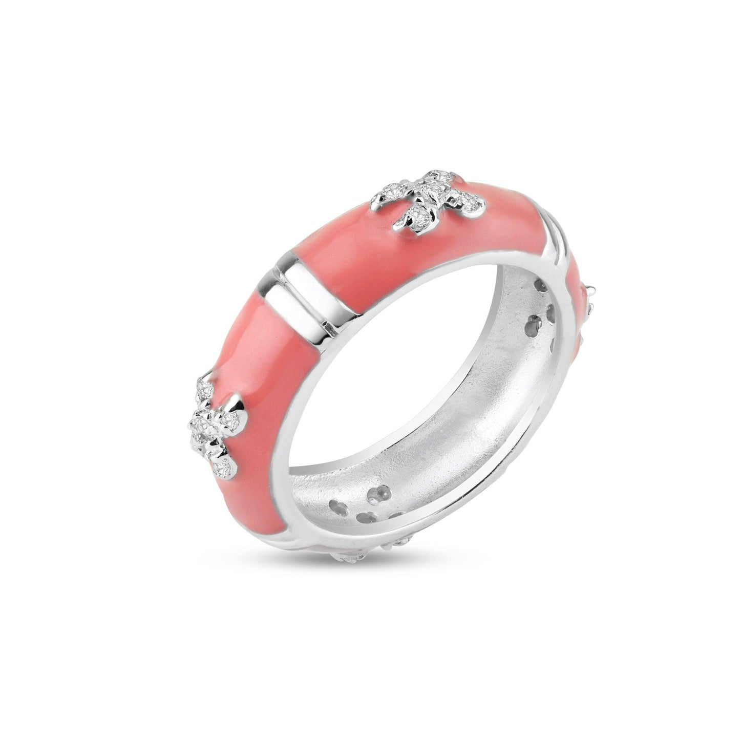Closeout-Silver 925 Rhodium Plated Pink Enamel Pave Set CZ Ring - STR00519