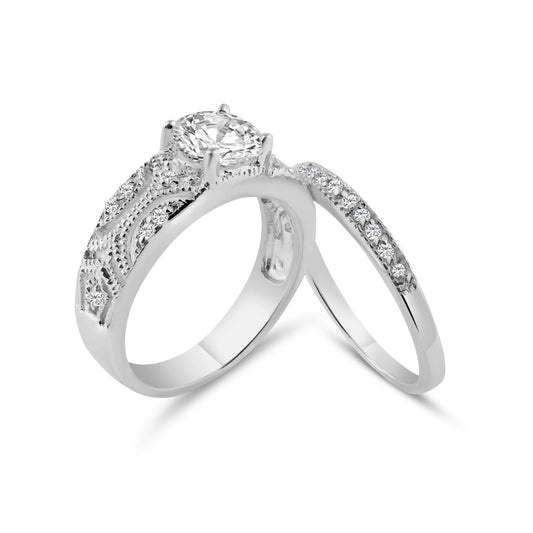 Silver 925 Rhodium Plated Pave Set CZ Ring Wedding Set - STR00536 | Silver Palace Inc.