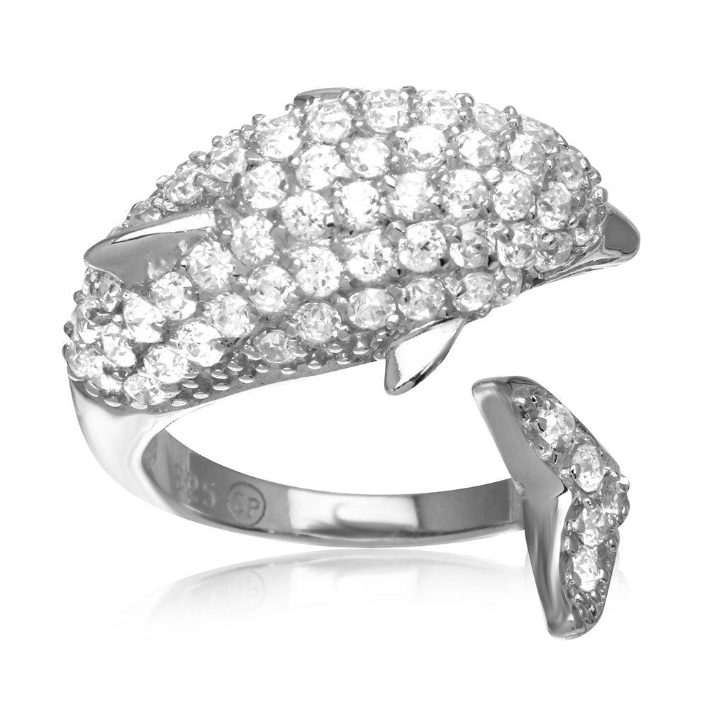 Silver 925 Rhodium Plated Dolphin Encrusted CZ Ring - STR00565