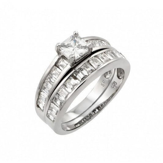 Silver 925 Rhodium Plated Clear Square CZ Inlay Engagement Ring Pair Set - STR00980 | Silver Palace Inc.