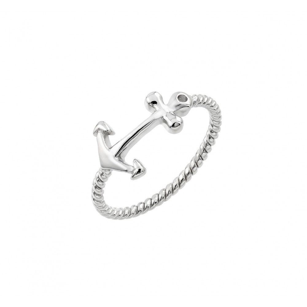 Silver 925 Rhodium Plated Round Clear CZ Anchor Rope Ring - STR01002 | Silver Palace Inc.