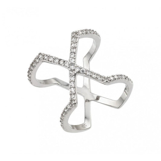 Silver 925 Rhodium Plated Cross X Clear CZ Ring - STR01007 | Silver Palace Inc.