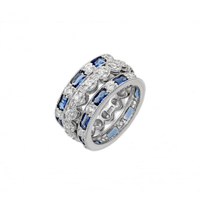Silver 925 Rhodium Plated Blue Baguette and Round Clear CZ Ring - STR01019 | Silver Palace Inc.