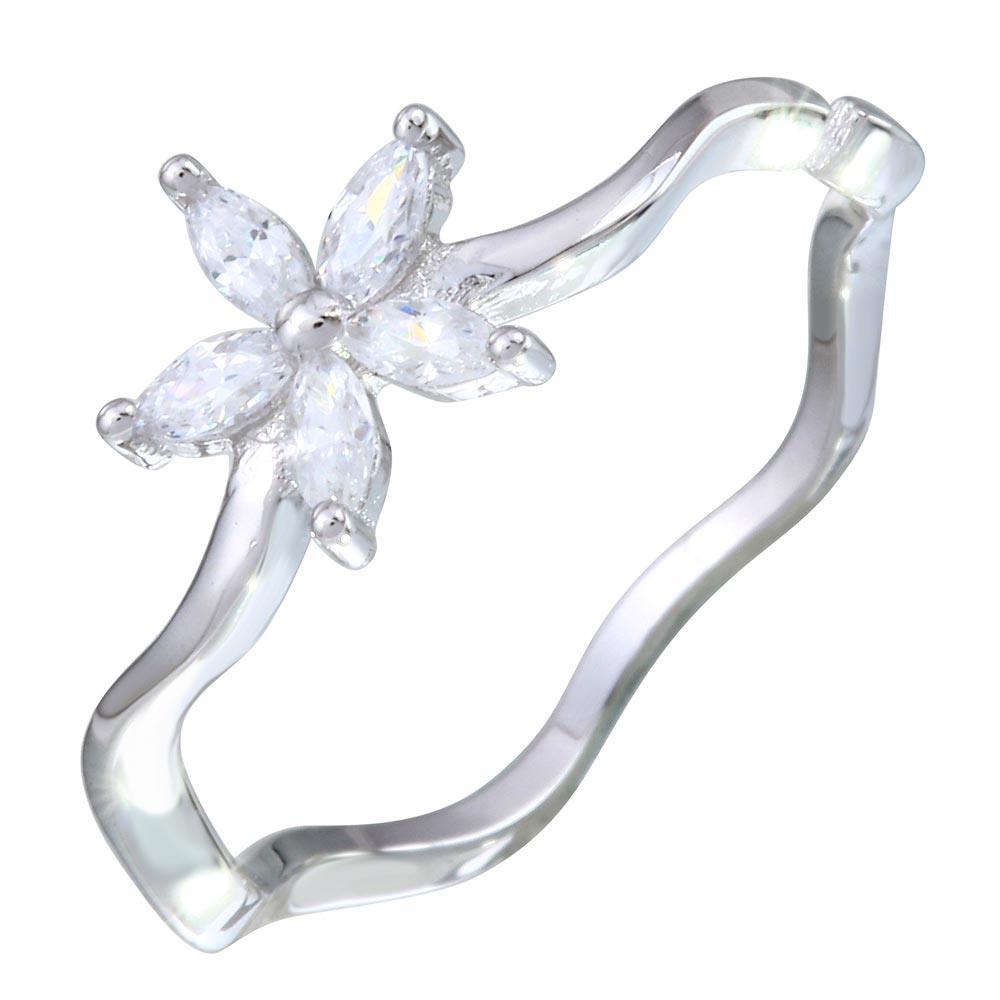 Silver 925 Rhodium Plated Wavy 5 Petal CZ Flower Ring - STR01086 | Silver Palace Inc.