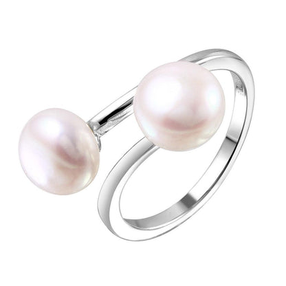 Silver 925 Rhodium Plated Open Double Fresh Water Pearl Ring - STR01044 | Silver Palace Inc.