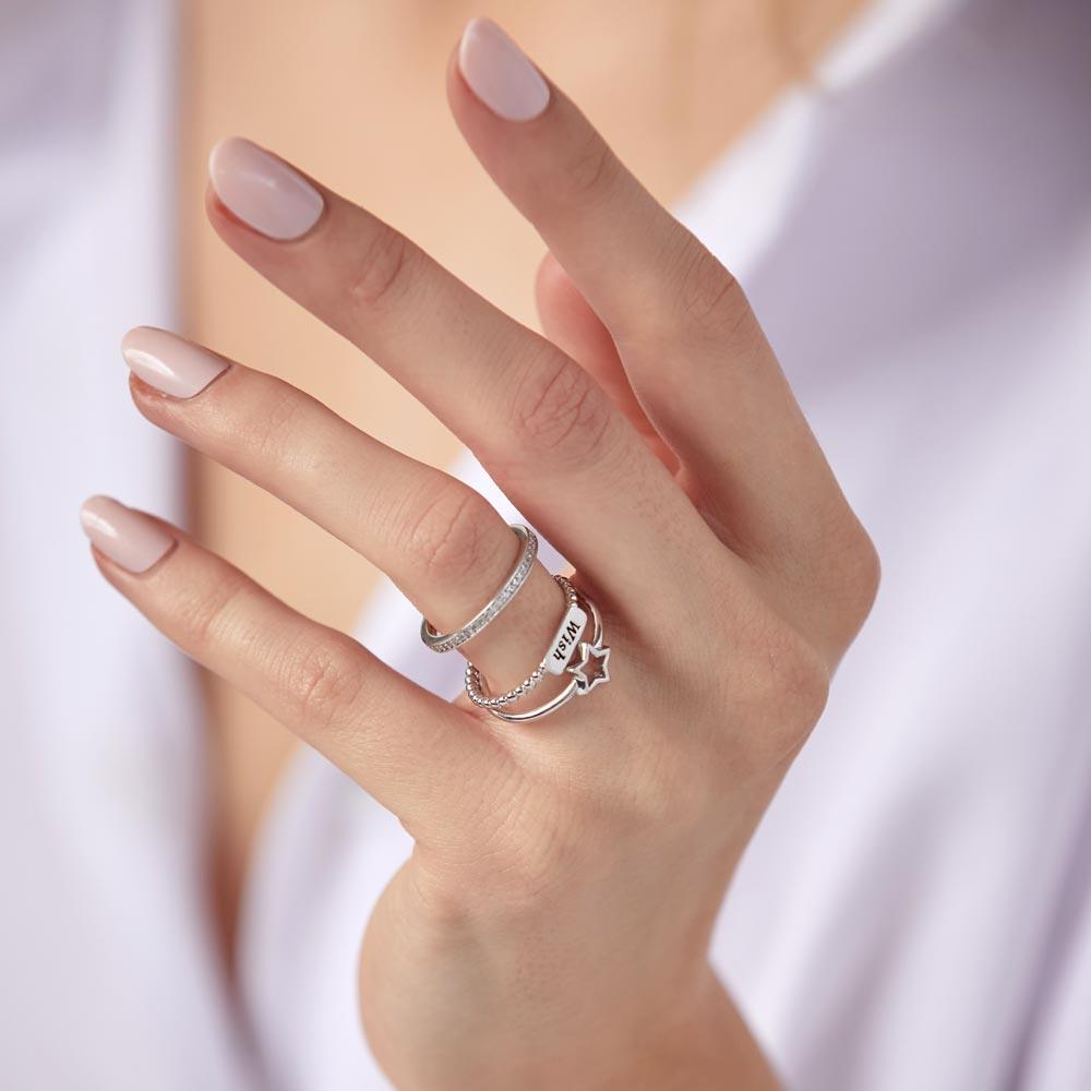 Silver 925 Rhodium Plated Triple Band Wish Star Wedding Ring with CZ - STR01061