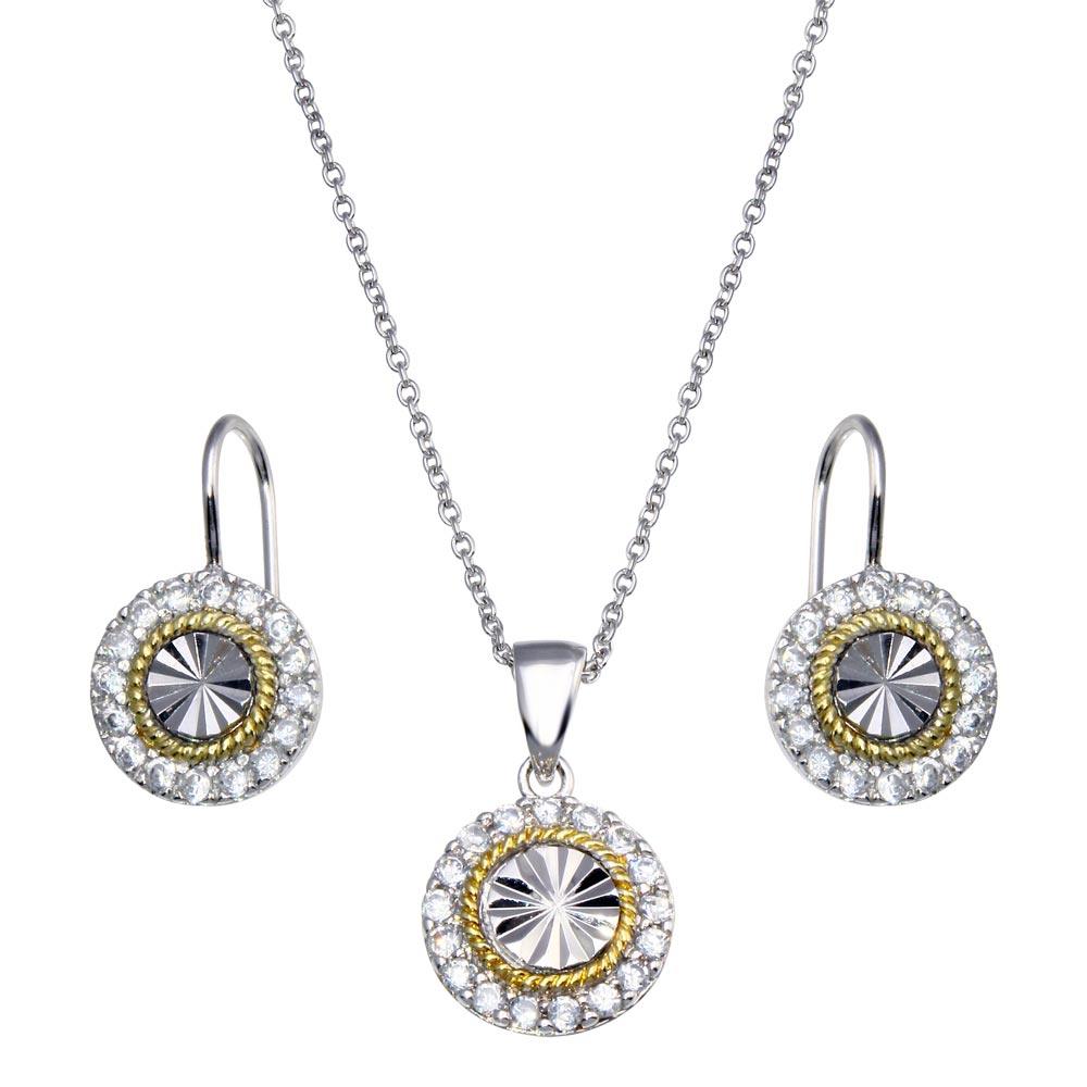 Closeout-Silver 925 Gold and Rhodium Plated Round CZ Stud Earring and Necklace Set - STS00095 | Silver Palace Inc.