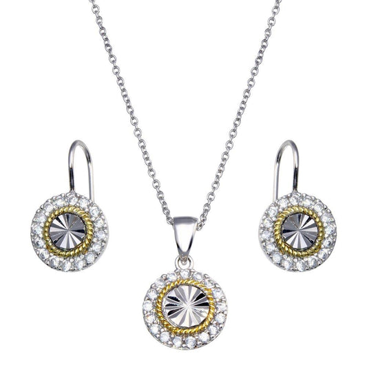 Closeout-Silver 925 Gold and Rhodium Plated Round CZ Stud Earring and Necklace Set - STS00095 | Silver Palace Inc.