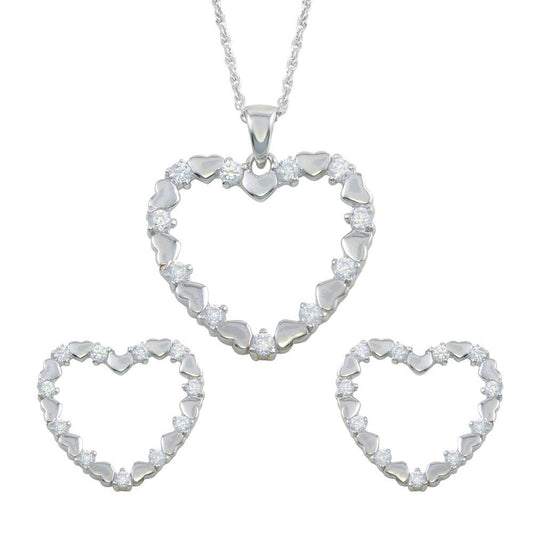 Silver 925 Rhodium Plated Open Heart CZ Stud Earring and Necklace Set - STS00127 | Silver Palace Inc.