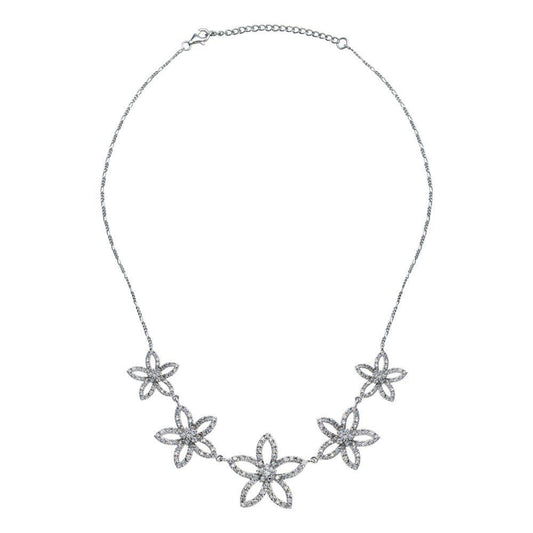 Closeout-Silver 925 Rhodium Plated Open Flower CZ Stud Earring and Necklace Set - STS00148 | Silver Palace Inc.