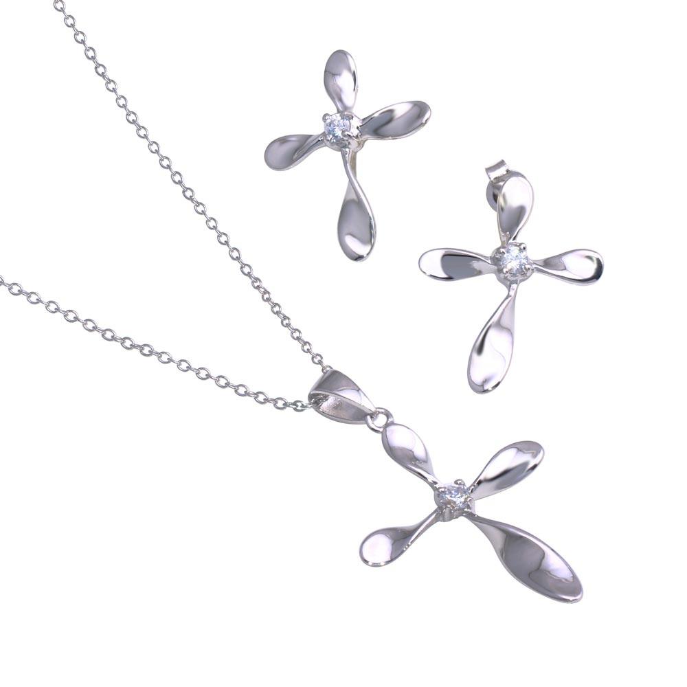 Silver 925 Rhodium Plated Cross CZ Set - STS00236 | Silver Palace Inc.