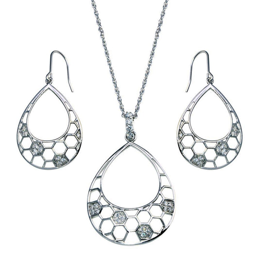 Closeout-Silver 925 Rhodium Plated Open Teardrop CZ Dangling Hook Earring and Necklace Set - STS00316 | Silver Palace Inc.