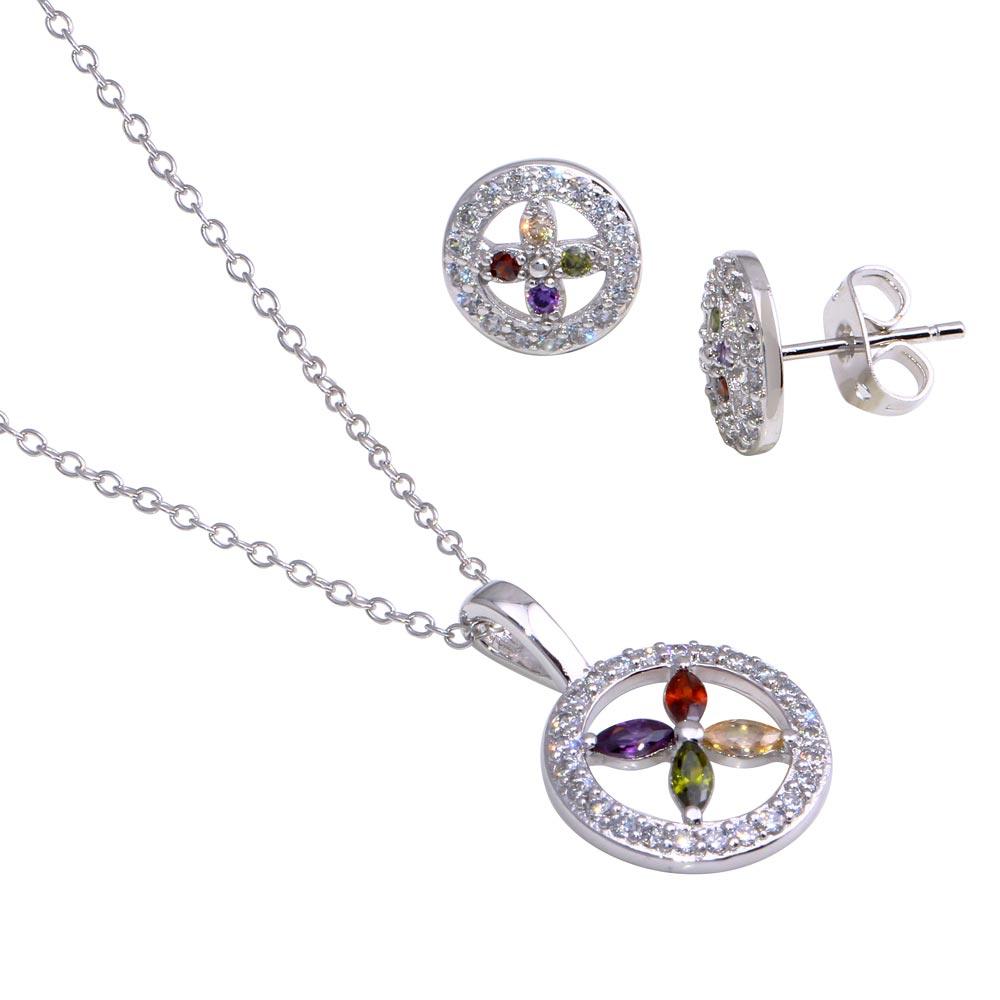 Silver 925 Rhodium Plated Open Circle Multicolor Flower CZ Stud Earring and Necklace Set - STS00319 | Silver Palace Inc.