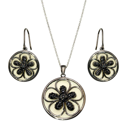 Closeout-Silver 925 Black Rhodium Plated Flower White Enamel CZ Dangling Set - STS00376 | Silver Palace Inc.