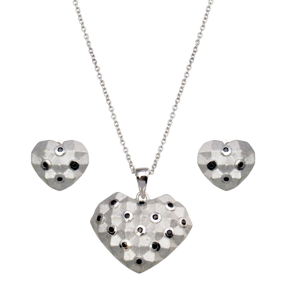 Closeout-Silver 925 Rhodium Plated Black Polka Dot Heart CZ Set - STS00380 | Silver Palace Inc.