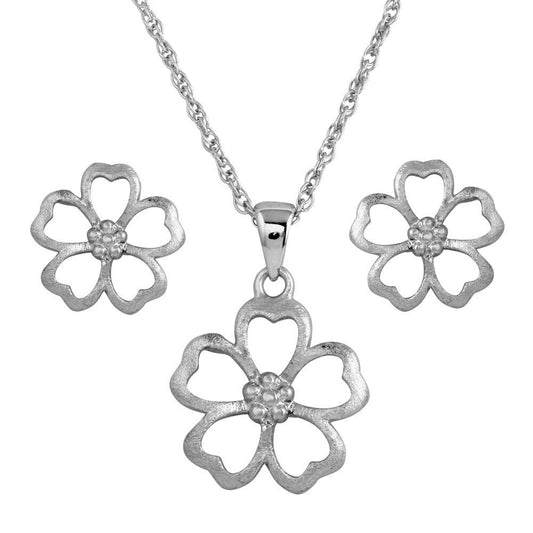 Silver 925 Rhodium Plated Matte Finish Open Flower CZ Set - STS00385 | Silver Palace Inc.