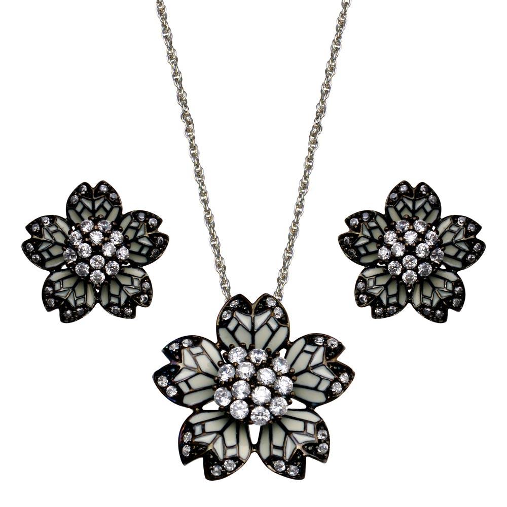 Closeout-Silver 925 Black Rhodium Plated Flower White Enamel CZ Set - STS00388 | Silver Palace Inc.