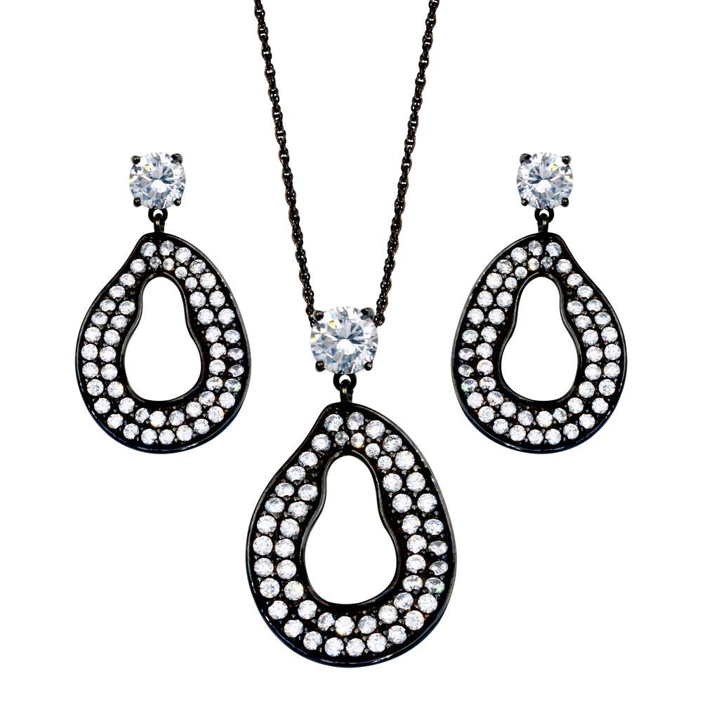 Closeout-Silver 925 Rhodium Plated Open Oval CZ Dangling Stud Earring and Necklace Set - STS00393 | Silver Palace Inc.