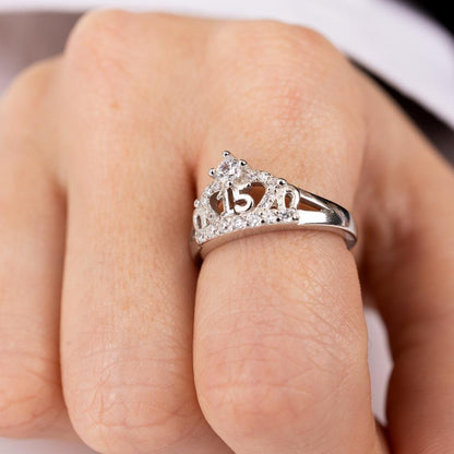 Silver 925 Rhodium Plated Crown 15 Ring with CZ - TMR00004