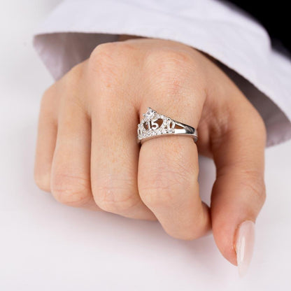 Silver 925 Rhodium Plated Crown 15 Ring with CZ - TMR00004