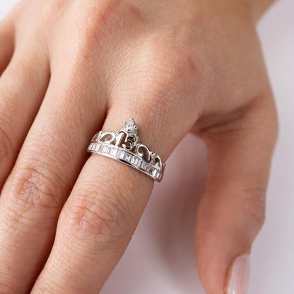 Silver 925 Rhodium Plated Crown 15 Ring with CZ - TMR00006