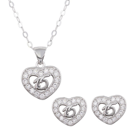 Silver 925 Rhodium Plated Heart 15 Necklace and Earrings Set - TMS00002 | Silver Palace Inc.