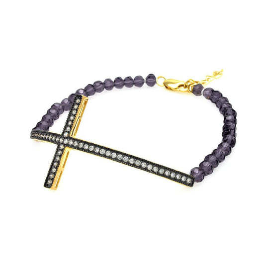 Silver 925 Black and Gold Plated Sideways Cross CZ Black Pearl Bracelet - BGB00088 | Silver Palace Inc.