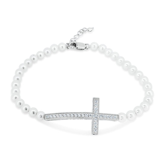 Silver 925 Cross CZ Pearl Bracelet - BGB00089