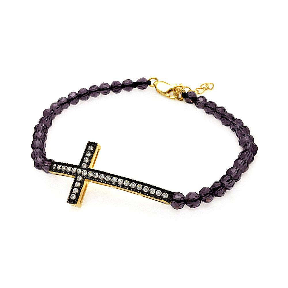 Silver 925 Gold and Black Plated Sideways Cross CZ Amethyst Beads Bracelet - BGB00090 | Silver Palace Inc.