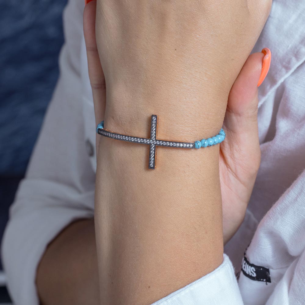 Silver 925 Gold and Black Rhodium Plated Sideways Cross CZ Turquoise Beads Bracelet - BGB00104