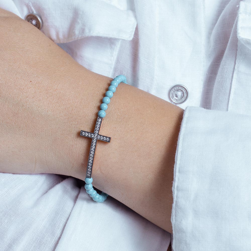 Silver 925 Gold and Black Rhodium Plated Sideways Cross CZ Turquoise Bead Bracelet - BGB00120