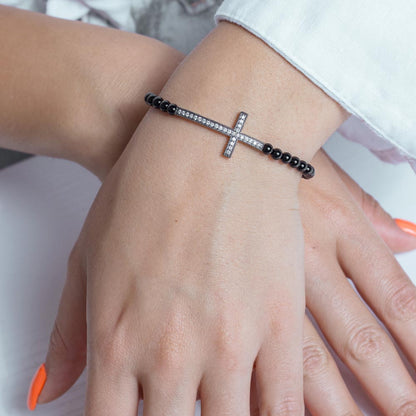 Wholesale Sterling Silver 925  Gold Plated Sideways Cross CZ Black Bead Bracelet - BGB00121
