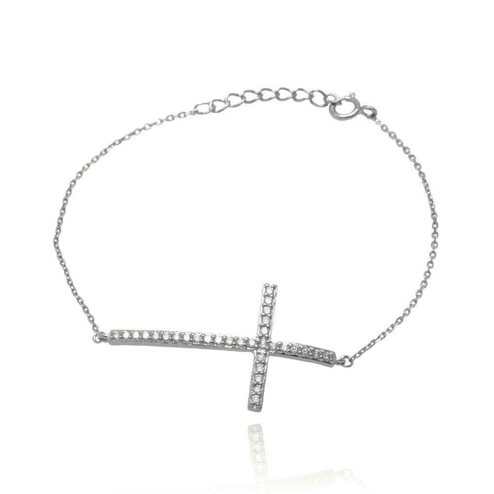 Silver 925 Rhodium Plated Sideways Cross CZ Bracelet - BGB00125 | Silver Palace Inc.