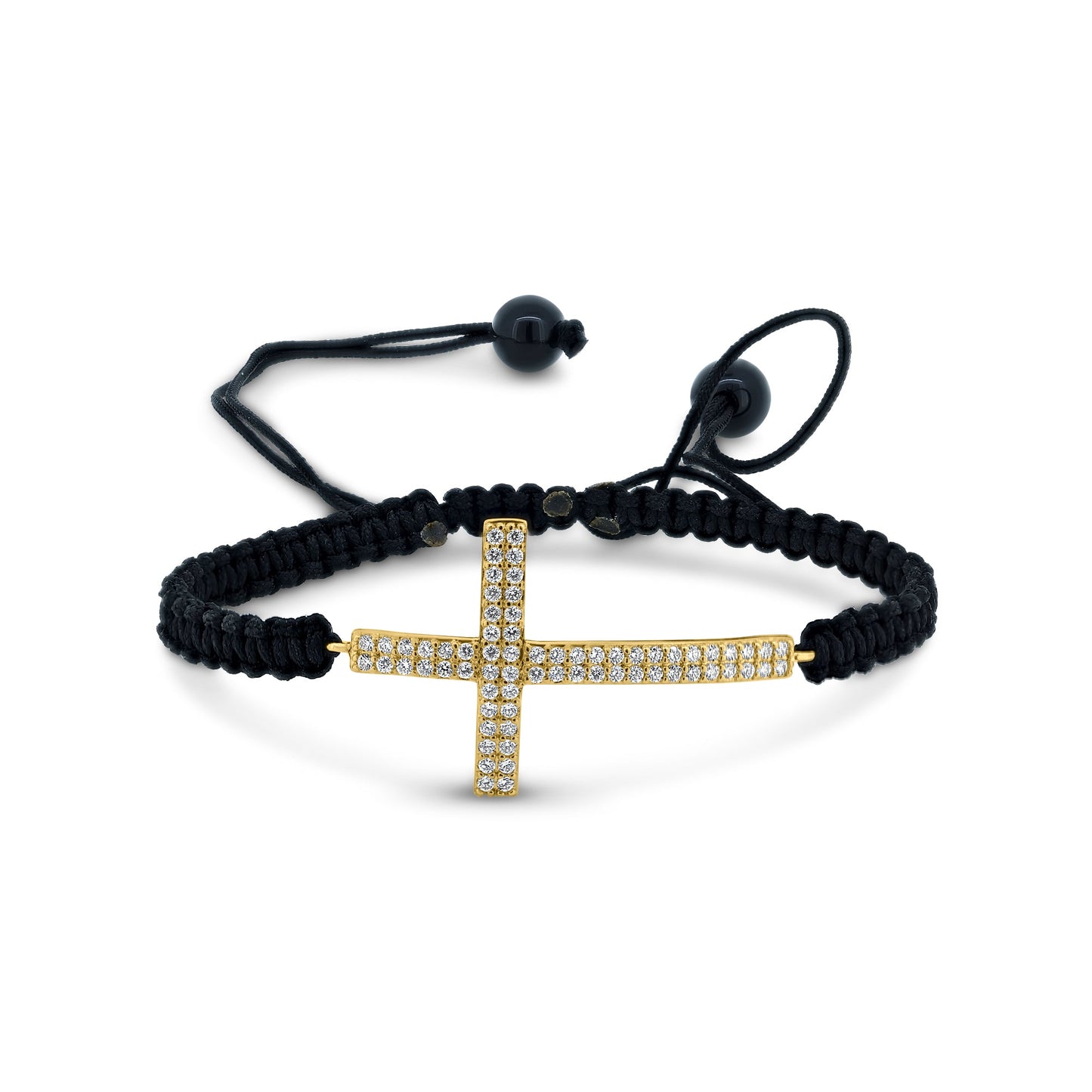 Silver 925 Gold Plated Sideways Cross CZ Black Braided Cord Bracelet - BGB00179GP