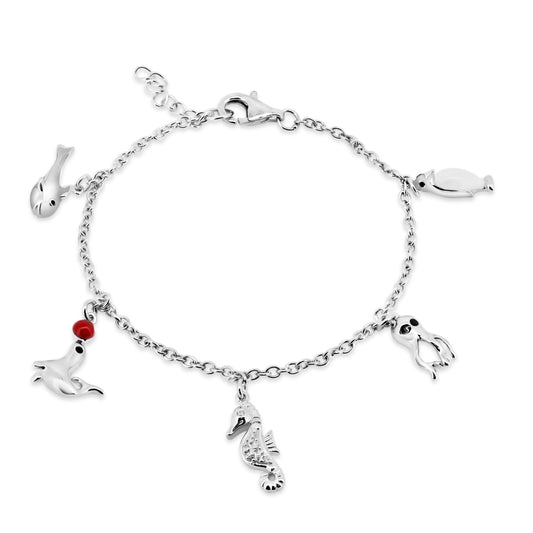 Silver 925 Rhodium Plated Multiple Dangling Objects Red and Clear CZ Bracelet - BGB00180