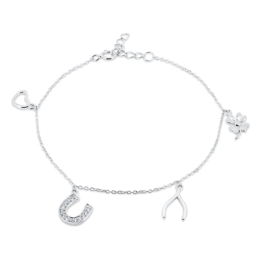 Silver 925 Rhodium Plated Charm CZ Bracelet - BGB00215