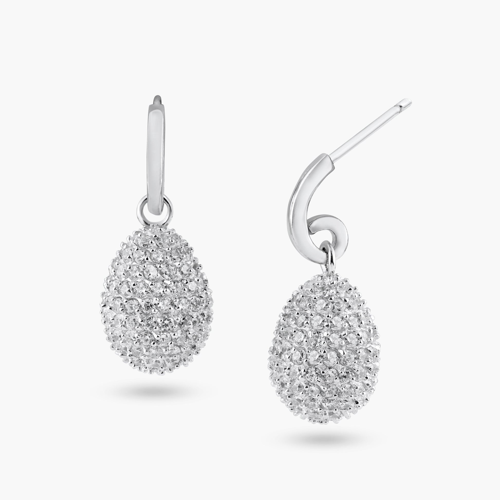 Silver 925 Rhodium Plated Oval Disco Ball Pear CZ Dangling Stud Earrings - BGE00135 | Silver Palace Inc.