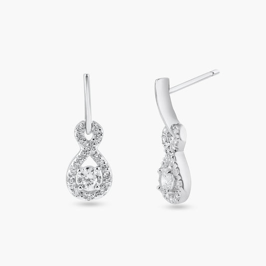 Silver 925 Rhodium Plated Ribbon CZ Dangling Stud Earrings - BGE00222 | Silver Palace Inc.