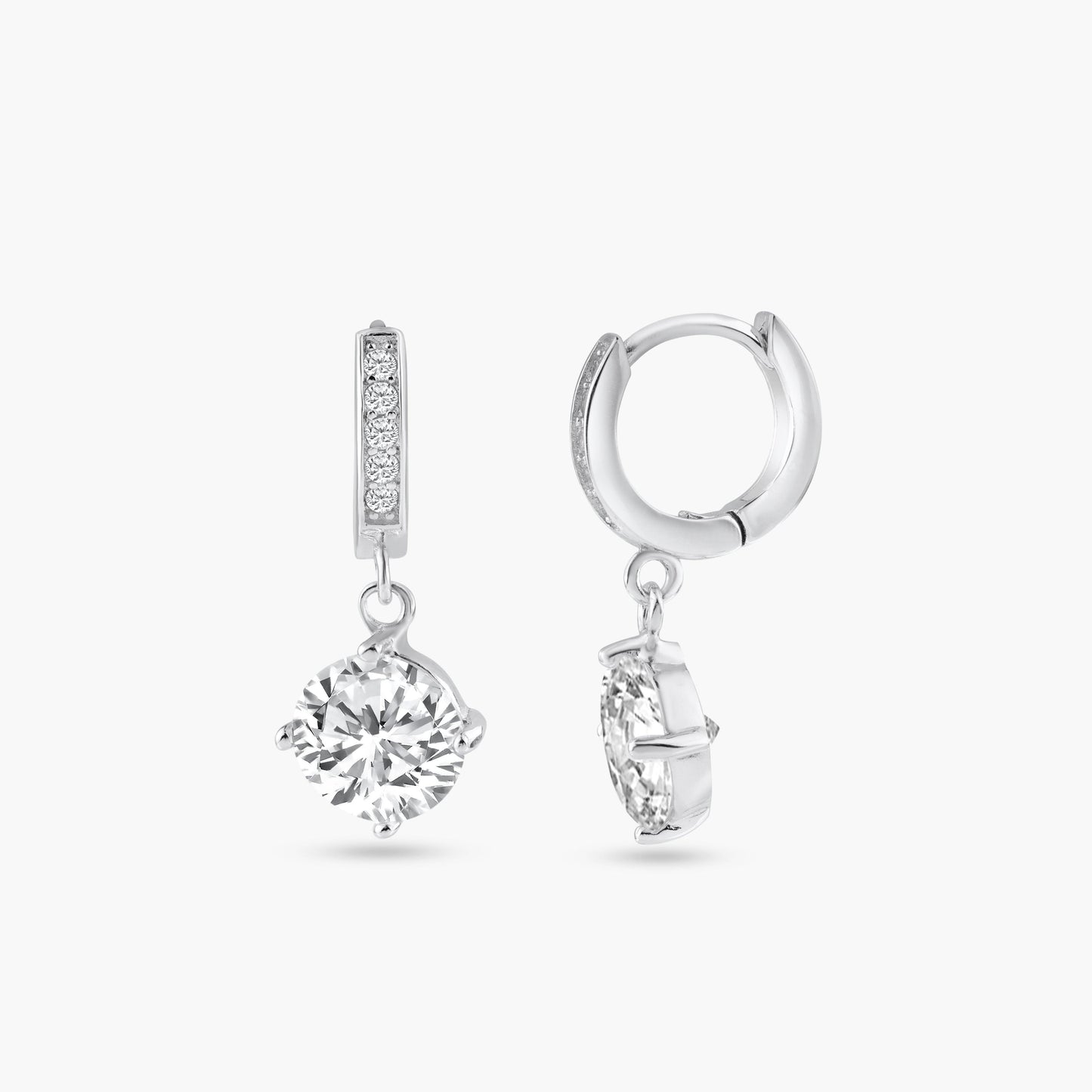 Silver 925 Rhodium Plated Round Channel CZ Dangling huggie hoop Earrings - BGE00263 | Silver Palace Inc.