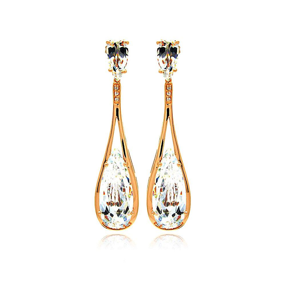 Silver 925 Rose Gold Rhodium Plated Teardrop CZ Dangling Stud Earrings - BGE00281 | Silver Palace Inc.