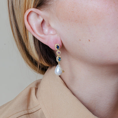 Silver 925 Gold Plated Multi Color CZ Dangling Earring with CZ Wrapped Synthetic Pearls - BGE00544