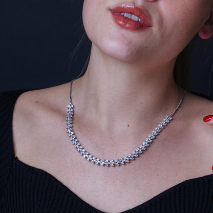Silver 925 Rhodium Plated Adjustable Leaf Link CZ Necklace - BGP01254