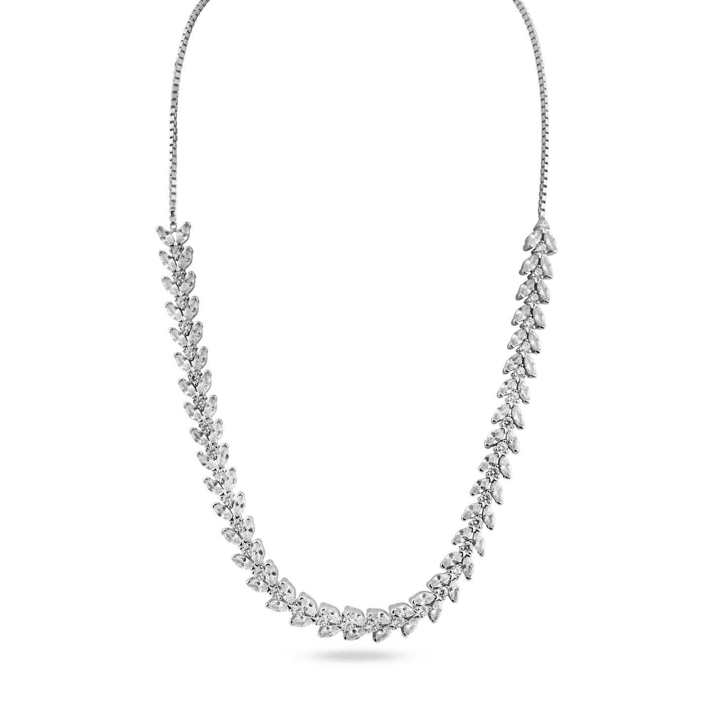 Silver 925 Rhodium Plated Adjustable Leaf Link CZ Necklace - BGP01254
