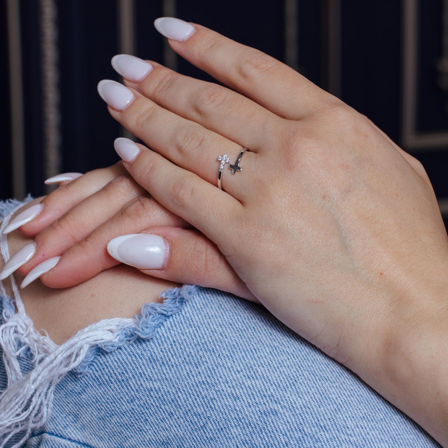 Silver 925 Rhodium Plated CZ Double Cross Ring - BGR00926