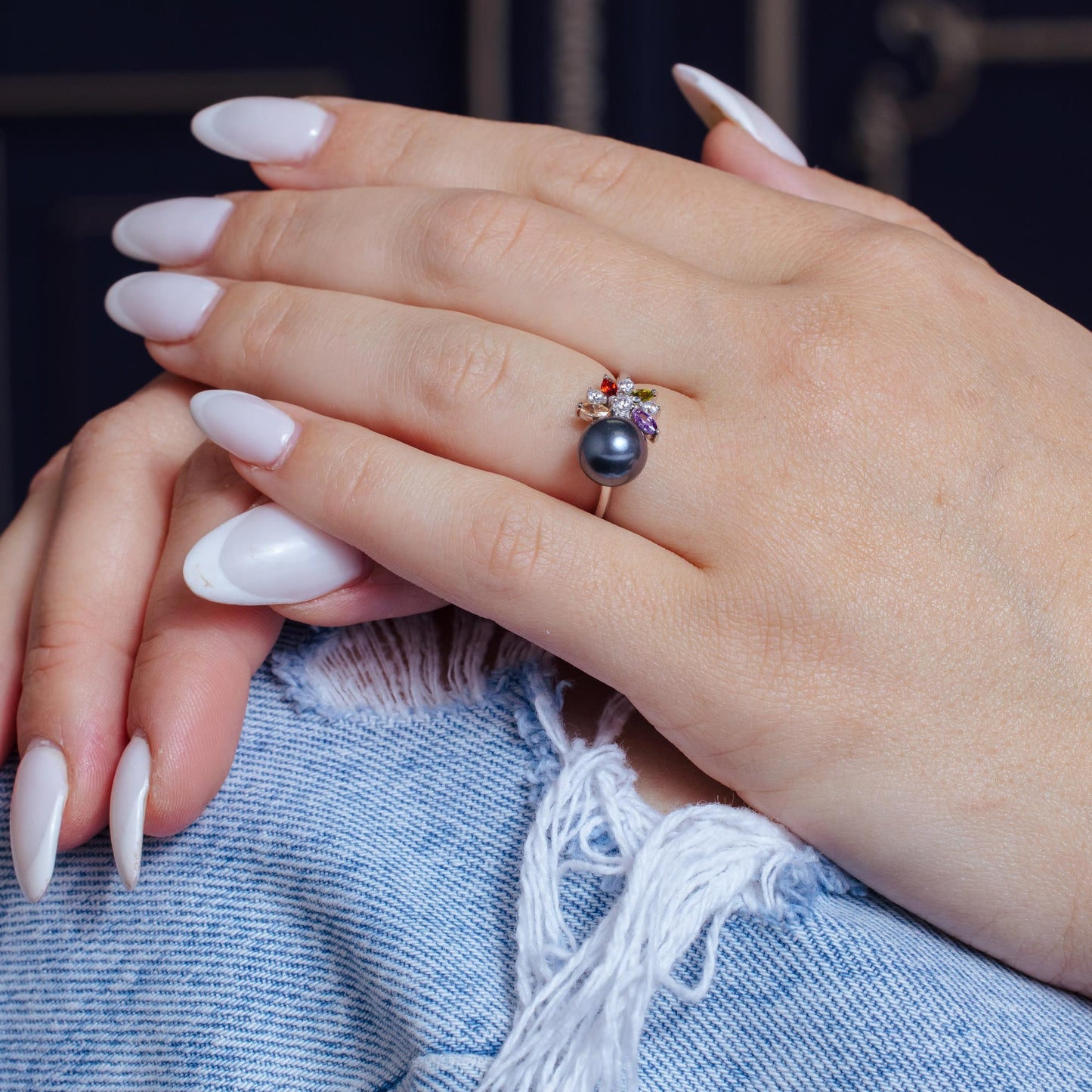 Silver 925 Rhodium Plated Multi Color CZ Flower Ring with Black Synthetic Pearl - BGR01097